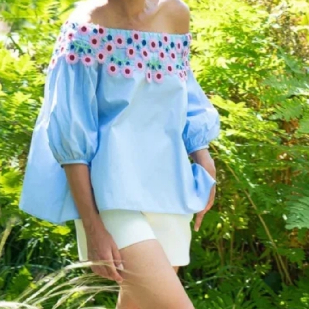 Peter Pilotto Pallas Sky Blue Guipure Lace Trim Off Shoulder Top 4